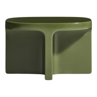 Olive green modern table with a sleek, minimalist design and smooth, matte finish. Ideal for contemporary decor.