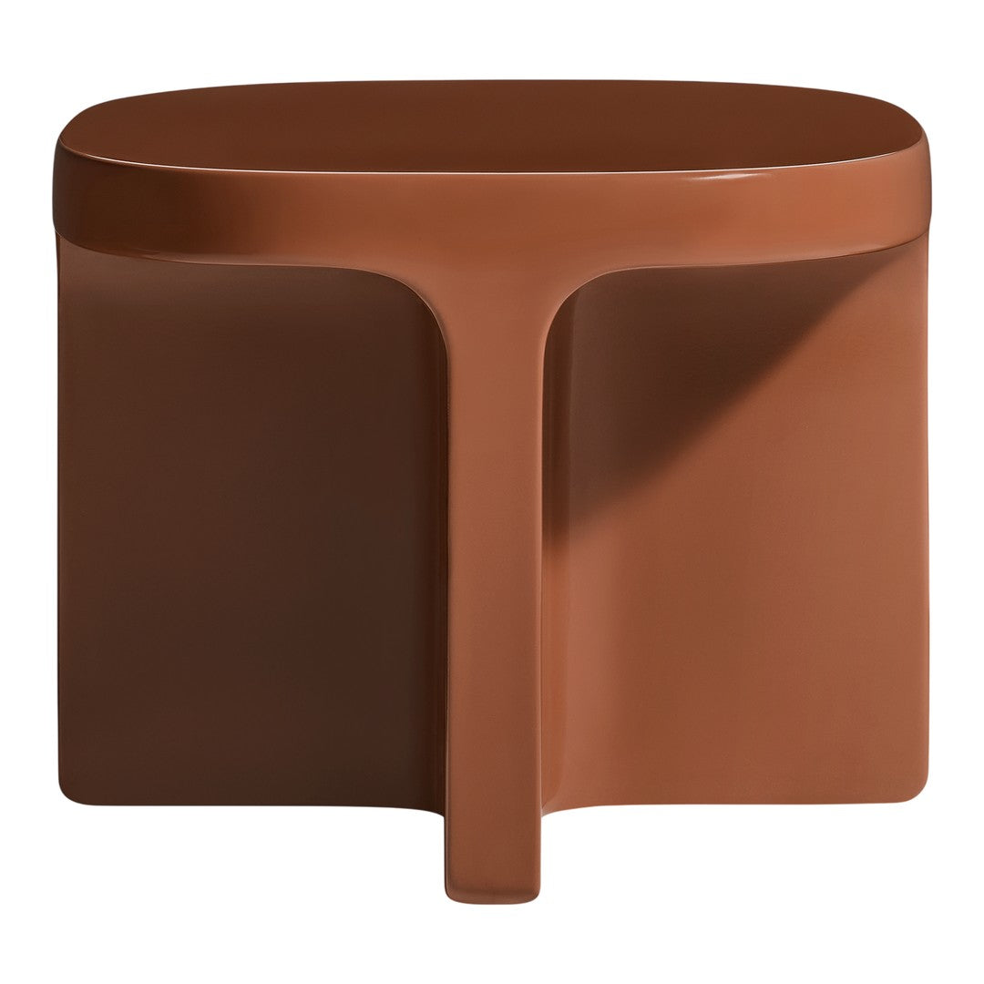 Brown minimalist side table with a smooth, solid surface and contemporary geometric design.
