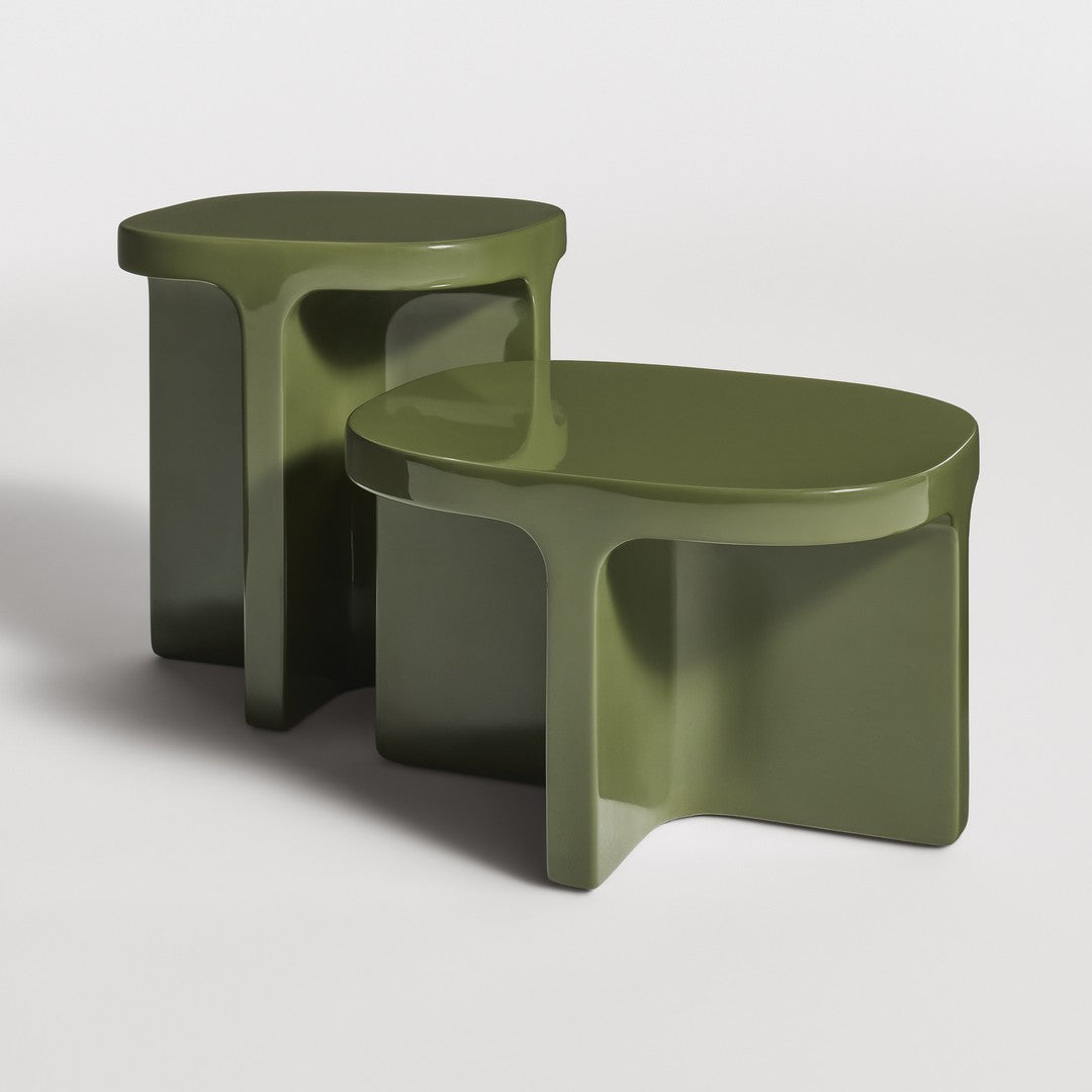 Two modern side tables in a sleek olive green finish with smooth, minimalistic shapes and no visible patterns.