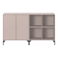 Light beige cabinet with minimalist design, featuring two closed compartments and four open shelves.