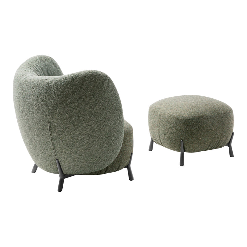 Soft green upholstered chair and ottoman set with textured fabric and minimalist black legs.