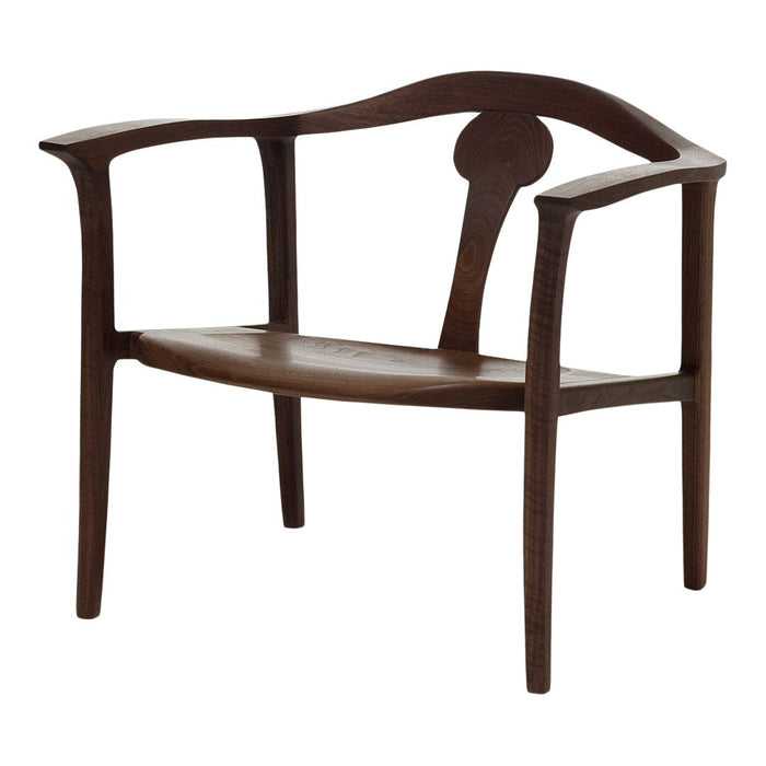 Brown wooden chair with a sleek, curved design and smooth finish, showcasing a minimalist aesthetic.