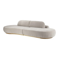 Beige modern sofa with smooth upholstery and curved lines, featuring a minimalist design and wooden base.