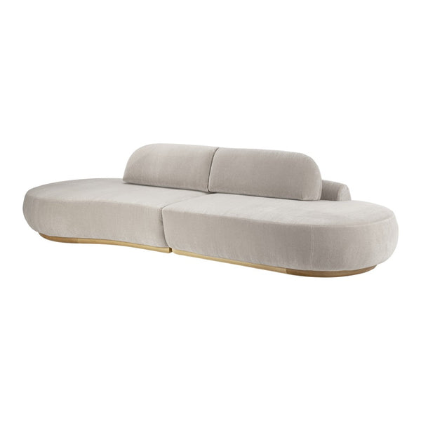 Beige modern sofa with smooth upholstery and curved lines, featuring a minimalist design and wooden base.