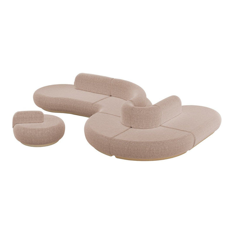 Soft beige upholstered sofa set with smooth, curved lines and modern design for contemporary decor.