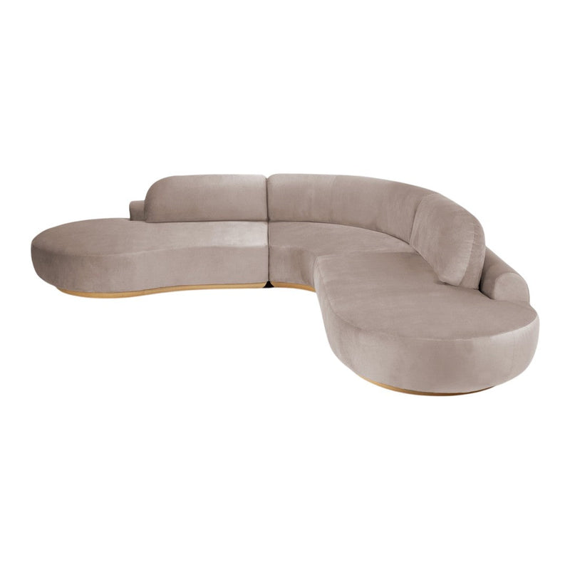 Curved beige sectional sofa with a smooth, velvety texture and minimalist design, perfect for modern interiors.