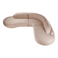 Beige curved sectional sofa with smooth, modern upholstery and minimalist design. Perfect for contemporary living spaces.