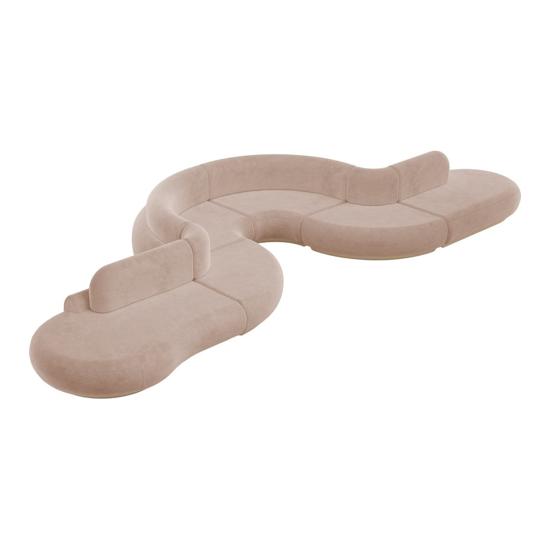 Curvy beige sectional sofa with smooth, clean lines and a minimalist design, perfect for modern interiors.