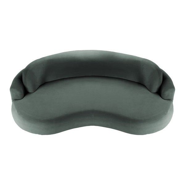 Dark gray, curved sofa with a smooth texture and minimalistic design. Perfect for modern interiors.