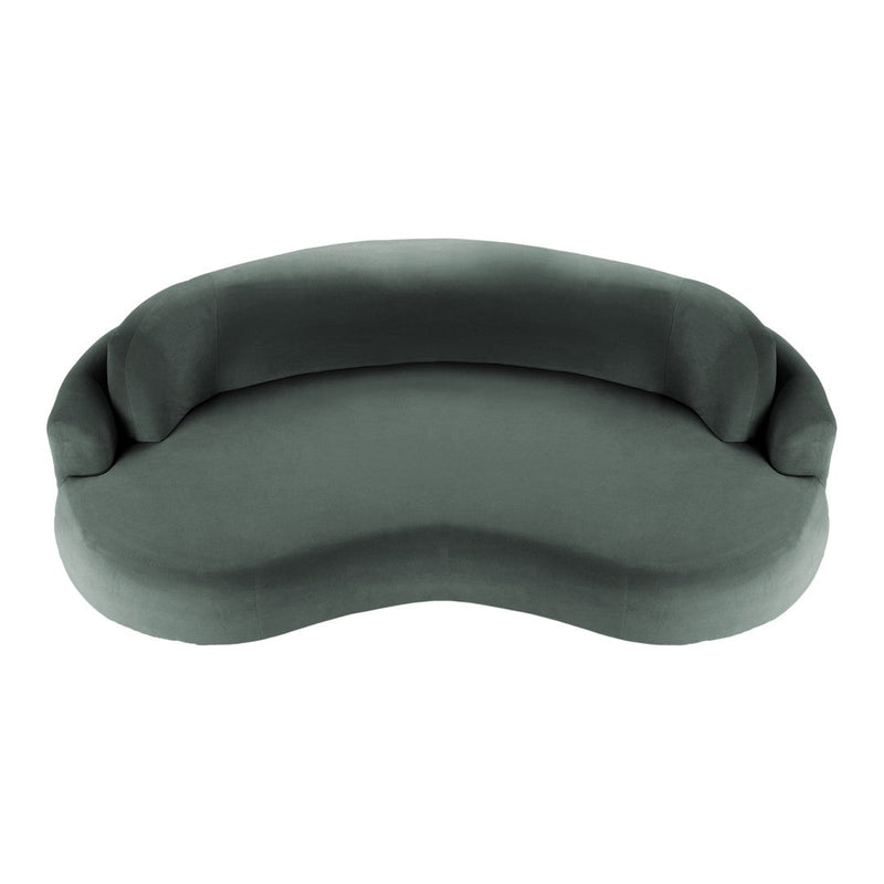 Dark gray, curved sofa with a smooth texture and minimalistic design. Perfect for modern interiors.