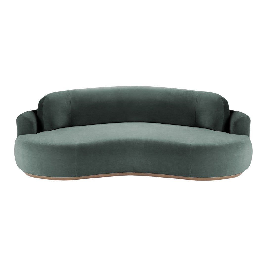 Curved sofa in deep teal fabric with a smooth, minimalist design. Elegant and modern for any living space.