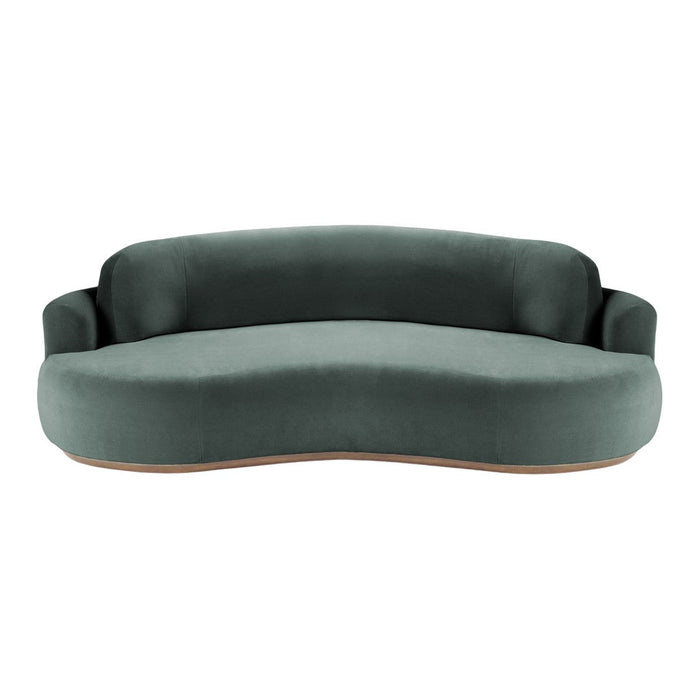 Curved sofa in deep teal fabric with a smooth, minimalist design. Elegant and modern for any living space.