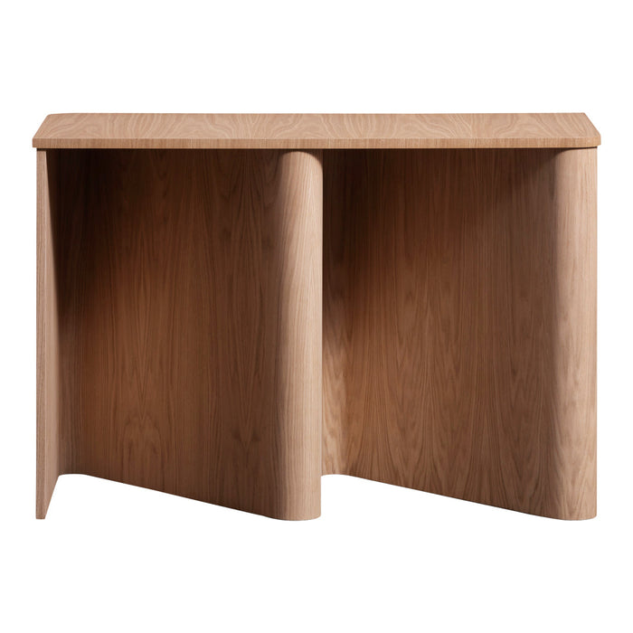 Wooden console table in warm light oak finish with smooth, flowing curves and a minimalist design.