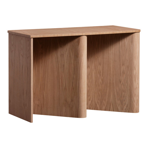 Wooden desk with a natural light brown finish and smooth, minimalist design.