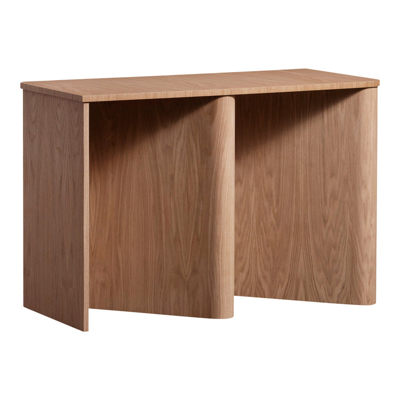 Wooden desk with a natural light brown finish and smooth, minimalist design.