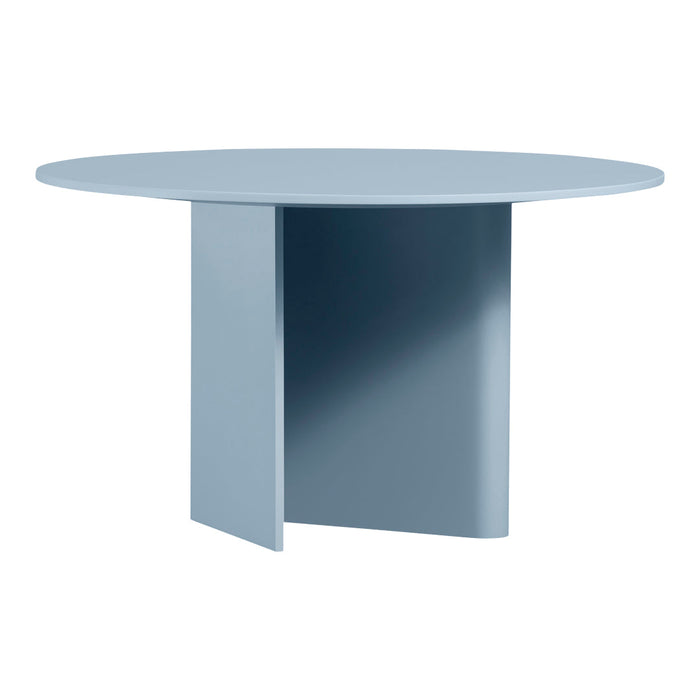 Round light blue table with a minimalist design and solid color, featuring a sleek, modern silhouette.