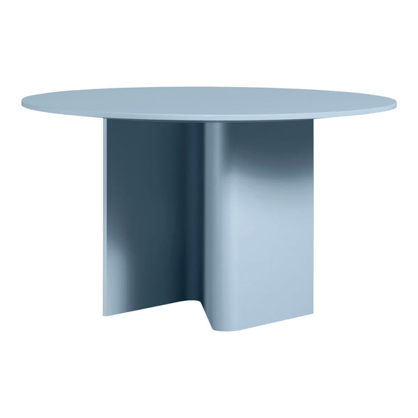 Round blue dining table with a smooth, matte finish and modern, geometric base design.