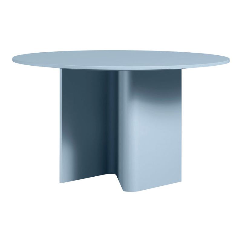 Round blue dining table with a smooth, matte finish and modern, geometric base design.