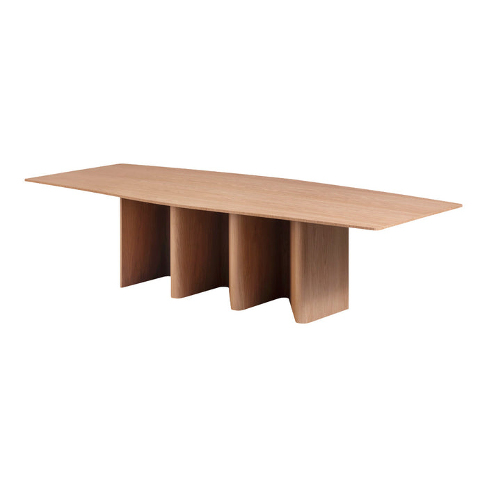 Light wood dining table with a smooth, natural grain and elongated, minimalist design. Clean lines and modern aesthetics.
