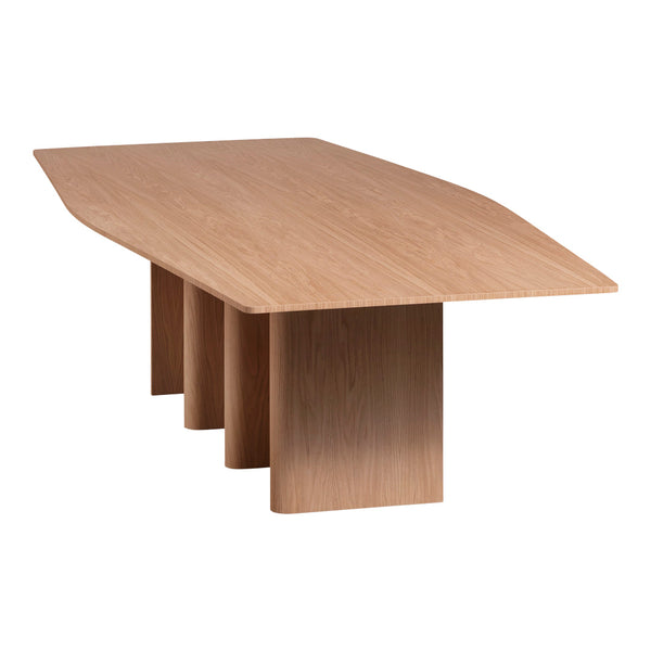 Light wood dining table with a modern design and smooth surface. Unique asymmetric edges and rounded corners.