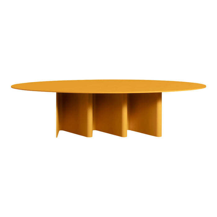 Round mustard yellow table with a sleek, minimalist design and three distinctive base supports. Perfect for modern decor.