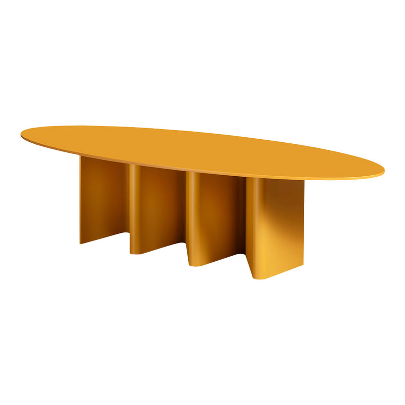Oval yellow table with a sleek, modern design featuring a solid color and smooth surface. Ideal for contemporary spaces.