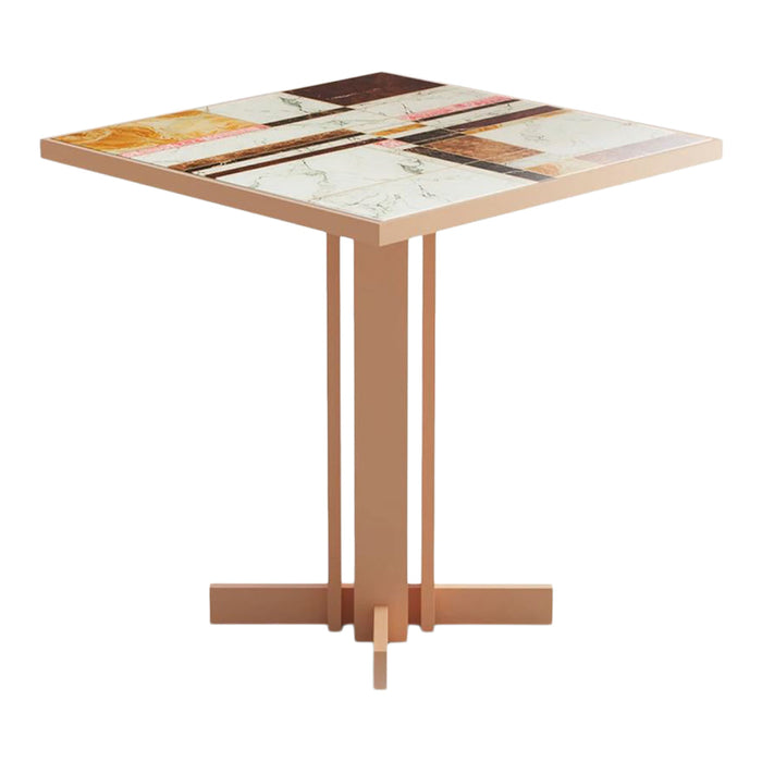 Square table with a multicolored abstract design featuring earthy tones, cream, and brown patterns on a light base.