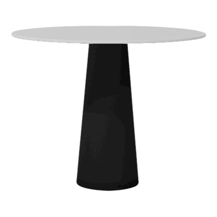 Modern round table with a sleek white top and a bold black cone-shaped base. Perfect for contemporary decor.