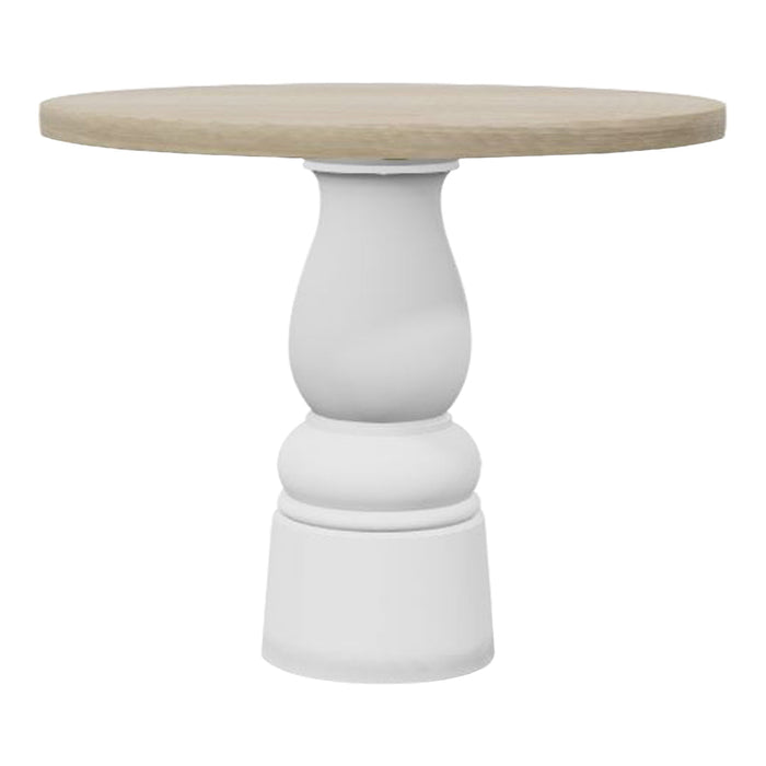 Round wooden table with a natural light oak top and a smooth white base, featuring a decorative round column.