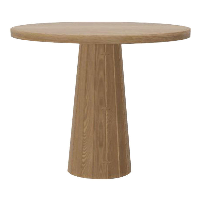 Natural oak round table with a textured, wood-grain pattern and a sleek, modern cone-shaped base.