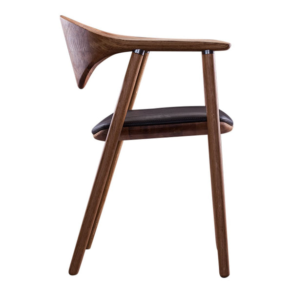 Modern wood chair with a natural wood finish, dark leather seat, and clean, minimalist lines.
