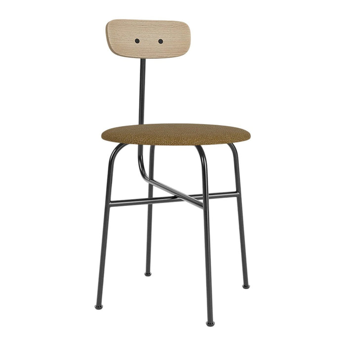 Wooden chair with a light beige backrest, brown seat, and black metal legs for a modern, minimalist look.