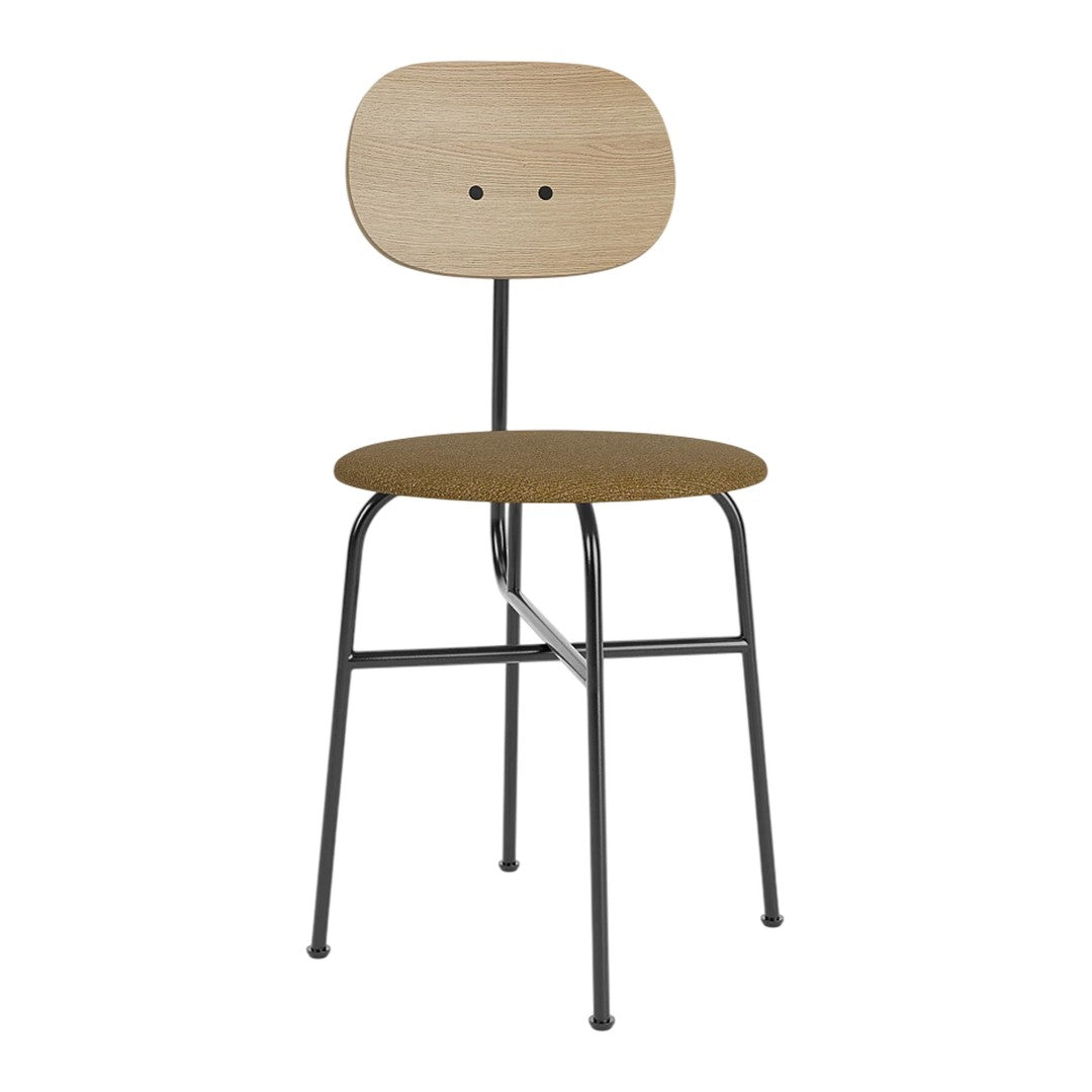 Minimalist wooden chair with a light beige seat and backrest, complemented by a sleek black metal frame.