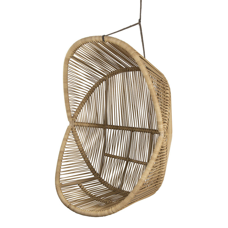 Natural woven rattan hanging basket in a unique, organic shape with an open, airy design and subtle texture.