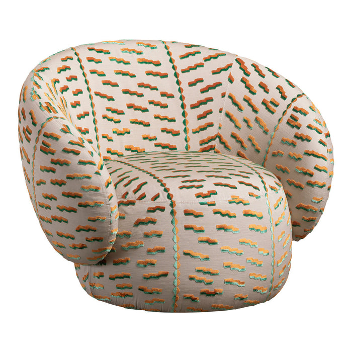 Curvy accent chair with a cream base featuring colorful wavy patterns in orange and teal. Perfect for vibrant decor.