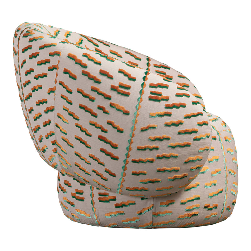 Patterned lounge chair in earthy tones of orange, teal, and cream with geometric zigzag designs. Perfect for modern decor.