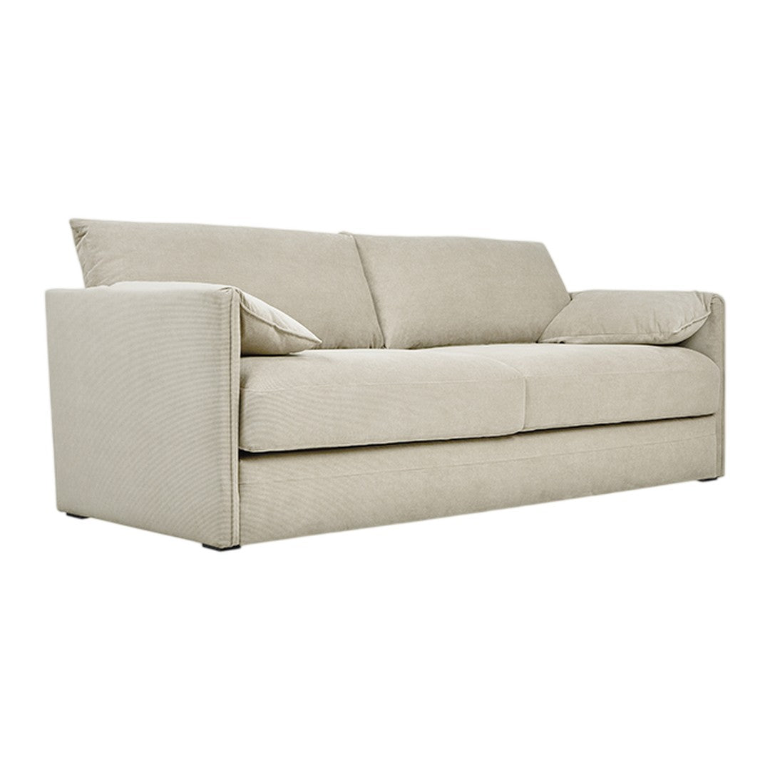 Light beige sofa with a smooth, solid fabric texture, offering a minimalist design for modern interiors.