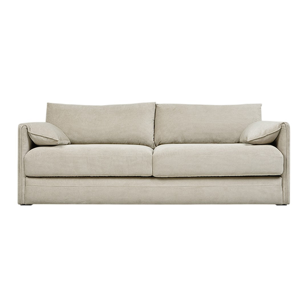Beige sofa with a textured fabric, featuring a simple, modern design and plush cushions for comfort.