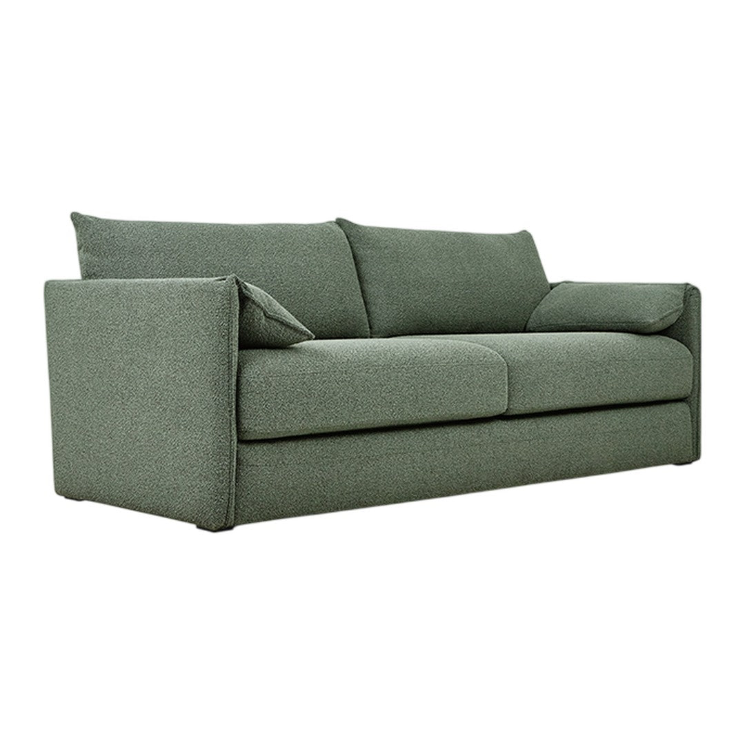 Green upholstered sofa with a textured fabric and clean, modern lines. Perfect for contemporary living spaces.