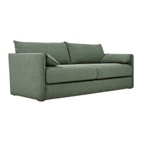 Green upholstered sofa with a textured fabric and clean, modern lines. Perfect for contemporary living spaces.