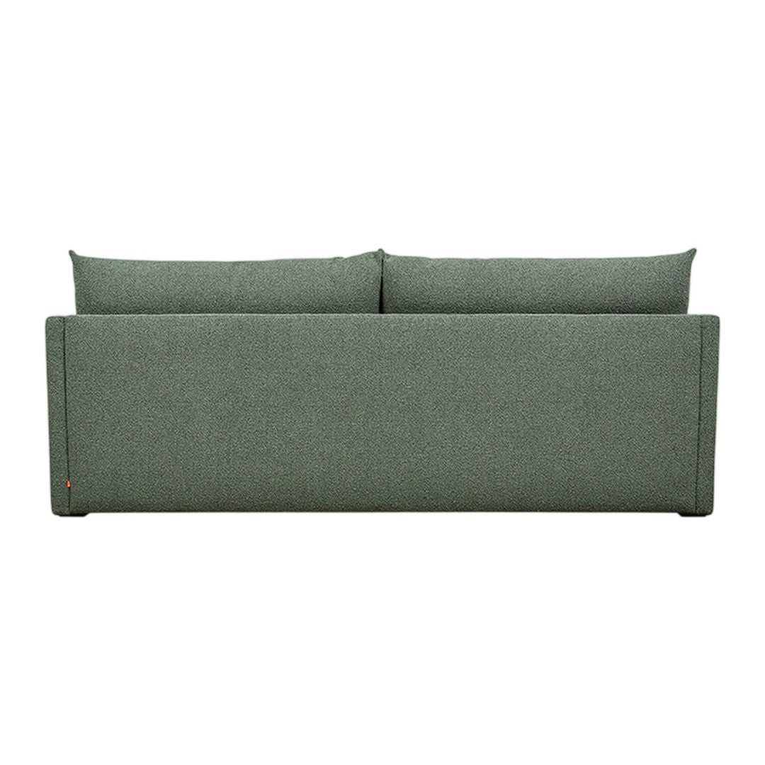 Green upholstered sofa with clean lines and two back cushions. Perfect for modern decor.