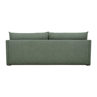 Green upholstered sofa with clean lines and two back cushions. Perfect for modern decor.