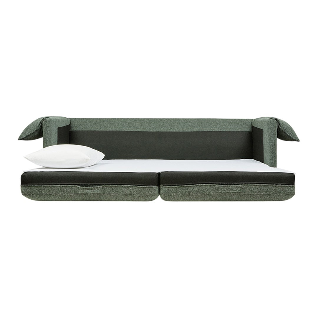 Green and gray fabric sofa bed with a modern design, featuring smooth, solid patterns and clean lines.