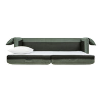 Green and gray fabric sofa bed with a modern design, featuring smooth, solid patterns and clean lines.
