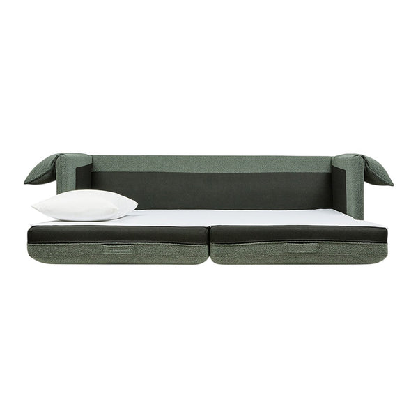 Green and gray fabric sofa bed with a modern design, featuring smooth, solid patterns and clean lines.