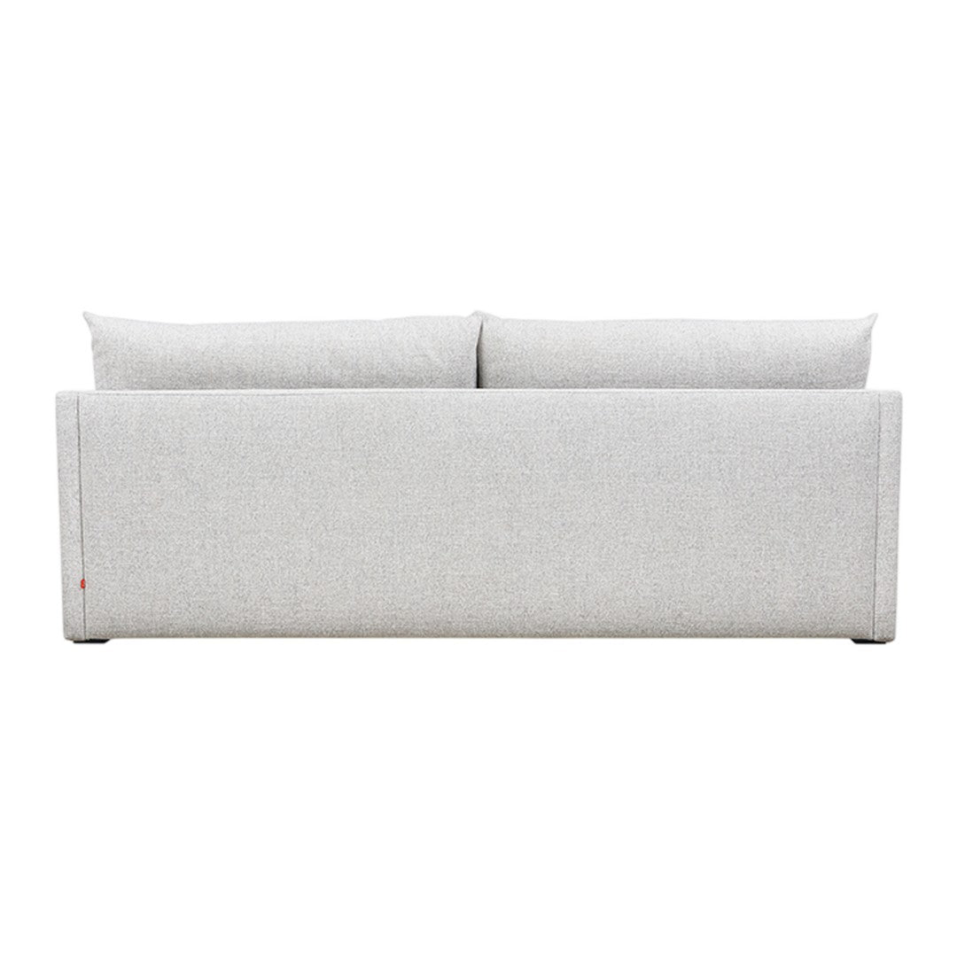 Light gray sofa with a clean, minimalist design and subtle texture, featuring two matching back cushions.