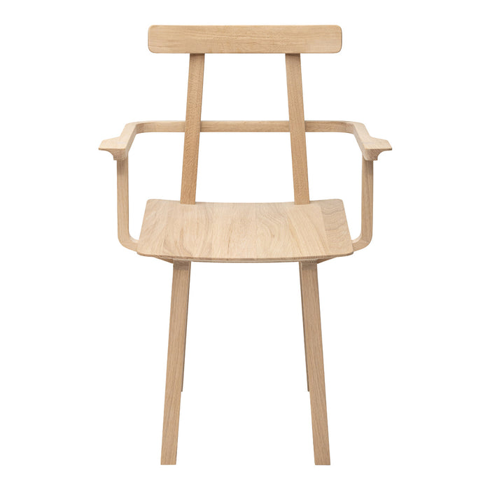 Natural wood armchair with a minimalist design and smooth finish, showcasing light beige tones and clean lines.