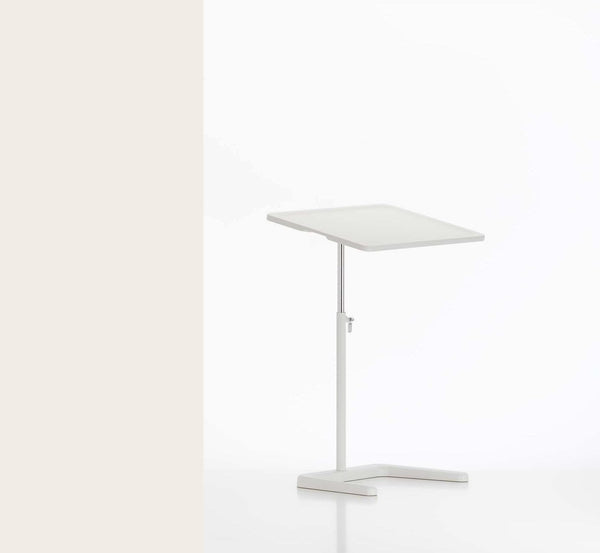 White modern adjustable side table with a sleek, minimalistic design, featuring clean lines and a smooth surface.