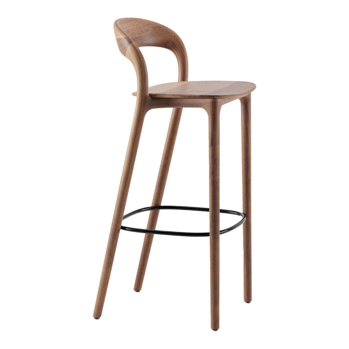 Walnut bar stool with a sleek, minimalist design and contrasting black metal footrest. Perfect for modern decor.