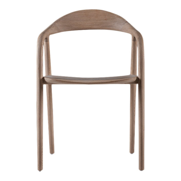 Wooden chair in a light brown finish with a smooth, minimalist design and curved backrest. Ideal for modern decor.